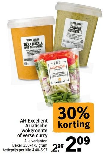 Promotions Ah excellent aziatische wokgroente of verse curry - Produit Maison - Albert Heijn - Valide de 14/05/2018 à 20/05/2018 chez Albert Heijn
