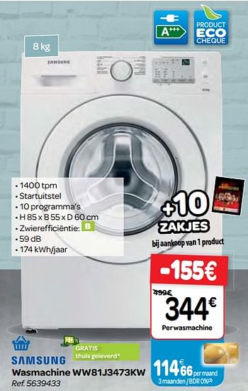 Promoties Samsung wasmachine ww81j3473kw - Samsung - Geldig van 09/05/2018 tot 21/05/2018 bij Carrefour