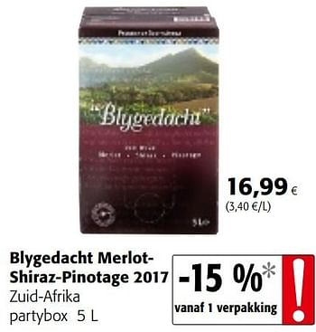 Promotions Blygedacht merlot- shiraz-pinotage 2017 zuid-afrika partybox - Vins rouges - Valide de 09/05/2018 à 22/05/2018 chez Colruyt