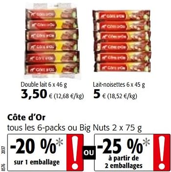 Promotions Côte d`or tous les 6-packs ou big nuts - Cote D'Or - Valide de 09/05/2018 à 22/05/2018 chez Colruyt