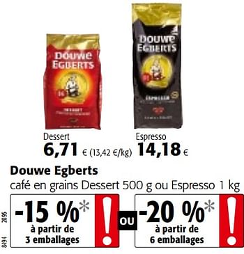 Promotions Douwe egberts café en grains dessert ou espresso - Douwe Egberts - Valide de 09/05/2018 à 22/05/2018 chez Colruyt