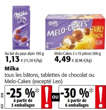 Promoties Milka tous les bâtons, tablettes de chocolat ou melo-cakes - Milka - Geldig van 09/05/2018 tot 22/05/2018 bij Colruyt