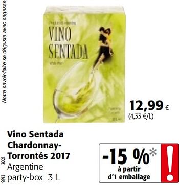Promoties Vino sentada chardonnaytorrontés 2017 argentine party-box - Witte wijnen - Geldig van 09/05/2018 tot 22/05/2018 bij Colruyt