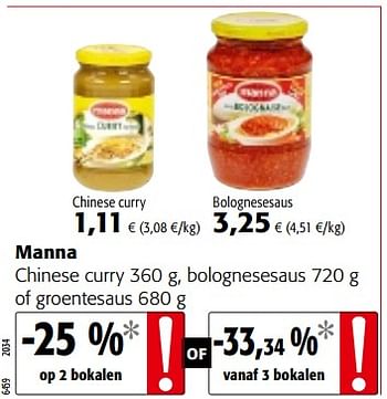 Promoties Manna chinese curry, bolognesesaus of groentesaus - Manna - Geldig van 09/05/2018 tot 22/05/2018 bij Colruyt