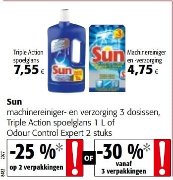 Promotions Sun machinereiniger- en verzorging 3 dosissen, triple action spoelglans of odour control expert - Sun - Valide de 09/05/2018 à 22/05/2018 chez Colruyt
