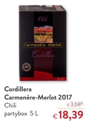 Promoties Cordillera carmenère-merlot 2017 chili partybox - Rode wijnen - Geldig van 09/05/2018 tot 22/05/2018 bij OKay