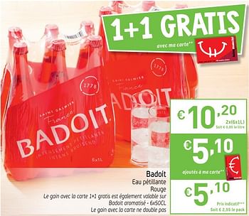 Promotions Badoit eau pétillante rouge - Badoit - Valide de 15/05/2018 à 21/05/2018 chez Intermarche