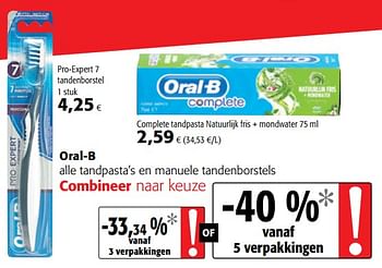 Promoties Oral-b alle tandpasta`s en manuele tandenborstels - Oral-B - Geldig van 09/05/2018 tot 22/05/2018 bij Colruyt