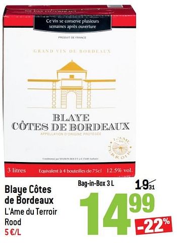 Promoties Blaye côtes de bordeaux l`ame du terroir rood - Rode wijnen - Geldig van 16/05/2018 tot 22/05/2018 bij Match