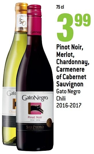 Promoties Pinot noir, merlot, chardonnay, carmenere of cabernet sauvignon gato negro chili 2016-2017 - Rode wijnen - Geldig van 16/05/2018 tot 22/05/2018 bij Match