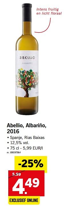 Promoties Abellio, albariño, 2016 spanje, rias baixas - Witte wijnen - Geldig van 21/05/2018 tot 27/05/2018 bij Lidl