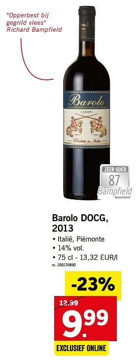 Promoties Barolo doog, 2013 italië, piëmonte - Rode wijnen - Geldig van 21/05/2018 tot 27/05/2018 bij Lidl