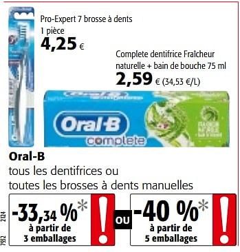 Promotions Oral-b tous les dentifrices ou toutes les brosses à dents manuelles - Oral-B - Valide de 09/05/2018 à 22/05/2018 chez Colruyt