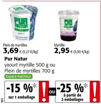 Promotions Pur natur yaourt myrtille ou plein de myrtilles - Pur Natur - Valide de 09/05/2018 à 22/05/2018 chez Colruyt