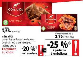 Promotions Côte d`or toutes les tablettes de chocolat original ou praliné - Cote D'Or - Valide de 09/05/2018 à 22/05/2018 chez Colruyt