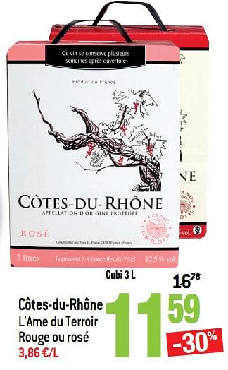 Promotions Côtes-du-rhône l`ame du terroir rouge ou rosé - Vins rouges - Valide de 16/05/2018 à 22/05/2018 chez Smatch
