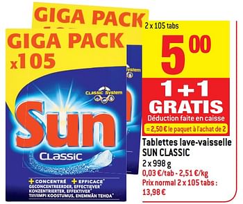 Promotions Tablettes lave-vaisselle sun classic - Sun - Valide de 16/05/2018 à 22/05/2018 chez Match