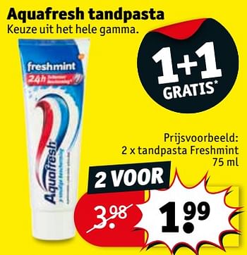 Promotions Aquafresh 2 x tandpasta freshmint - Aquafresh - Valide de 15/05/2018 à 27/05/2018 chez Kruidvat