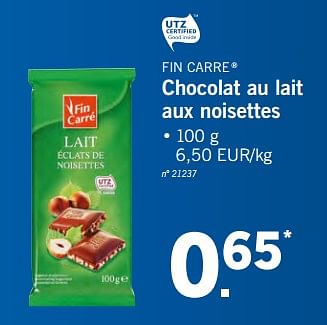 Promotions Chocolat au lait aux noisettes - Fin Carré - Valide de 22/05/2018 à 26/05/2018 chez Lidl