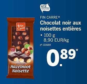 Promotions Chocolat noir aux noisettes entières - Fin Carré - Valide de 22/05/2018 à 26/05/2018 chez Lidl