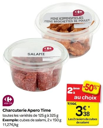 Promotions Charcuterie apero time cubes de salami - Produit maison - Carrefour  - Valide de 16/05/2018 à 28/05/2018 chez Carrefour