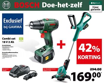Promotions Bosch combi-set 18 v 2 ah accustrimmer universalgrasscut 18-260 li + accuschroefboormachine psr 1800-li-2 - Bosch - Valide de 23/05/2018 à 11/06/2018 chez Gamma
