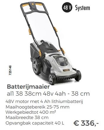 Promoties Alpina batterijmaaier al1 38 38cm 48v 4ah - 38 cm - Alpina - Geldig van 20/05/2018 tot 30/06/2018 bij Multi Bazar