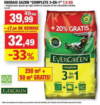 Promotions Engrais gazon complete 3-en-1 - Evergreen - Valide de 16/05/2018 à 27/05/2018 chez Hubo