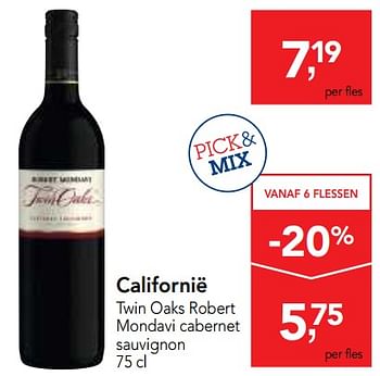 Promoties Californië twin oaks robert mondavi cabernet sauvignon - Rode wijnen - Geldig van 23/05/2018 tot 05/06/2018 bij Makro