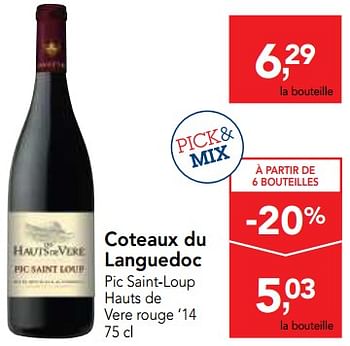 Promoties Coteaux du languedoc pic saint-loup hauts de vere rouge `14  - Rode wijnen - Geldig van 23/05/2018 tot 05/06/2018 bij Makro