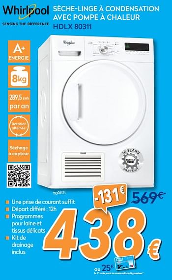 Promoties Whirlpool sèche-linge à condensation avec pompe à chaleur hdlx 80311 - Whirlpool - Geldig van 25/05/2018 tot 24/06/2018 bij Krefel