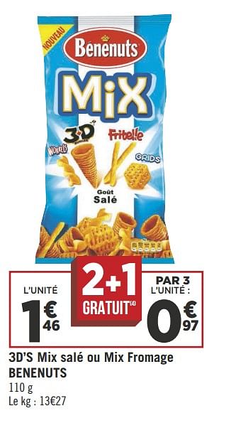 Promotions 3d`s mix salé ou mix fromage benenuts - Benenuts - Valide de 16/05/2018 à 27/05/2018 chez Géant Casino