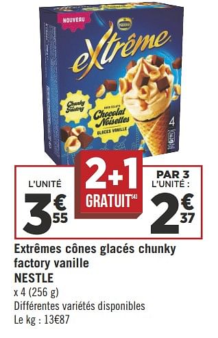 Promotions Extrêmes cônes glacés chunky factory vanille nestle - Nestlé - Valide de 16/05/2018 à 27/05/2018 chez Géant Casino