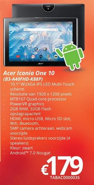 Promoties Acer iconia one 10 (b3-a40fhd-k88p) - Acer - Geldig van 16/05/2018 tot 30/06/2018 bij Compudeals