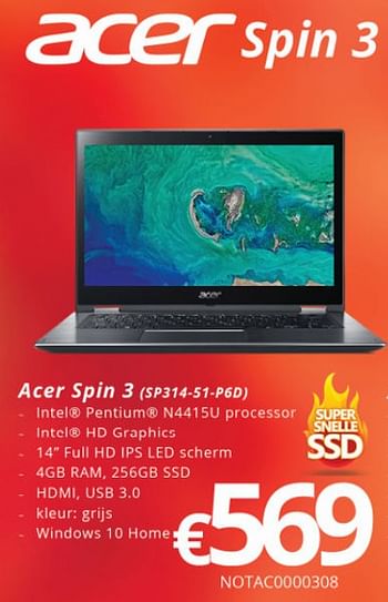 Promoties Acer spin 3 (so314-51-p6d) - Acer - Geldig van 16/05/2018 tot 30/06/2018 bij Compudeals