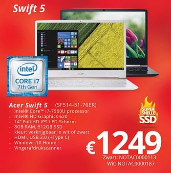 Promotions Acer swift 5 (sf514-51-76er) zwart - Acer - Valide de 16/05/2018 à 30/06/2018 chez Compudeals