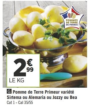 Promotions Pomme de terre primeur variété sirtema ou alemaria ou jozzy ou bea - Produit Maison - Géant Casino - Valide de 16/05/2018 à 27/05/2018 chez Géant Casino