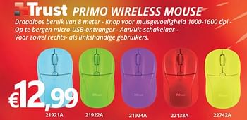 Promoties Trust primo wireless mouse - Trust - Geldig van 16/05/2018 tot 30/06/2018 bij Compudeals