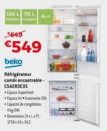 Promotions Beko réfrigérateur combi encastrable csa283e3s - Beko - Valide de 22/04/2018 à 31/05/2018 chez Exellent