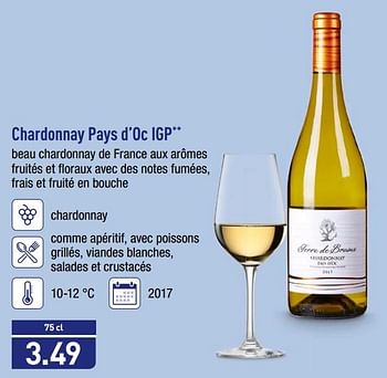 Promoties Chardonnay pays d`oc igp - Witte wijnen - Geldig van 22/05/2018 tot 26/05/2018 bij Aldi
