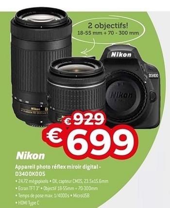 Promoties Nikon appareil photo réflex miroir digital d3400k005 - Nikon - Geldig van 22/04/2018 tot 31/05/2018 bij Exellent