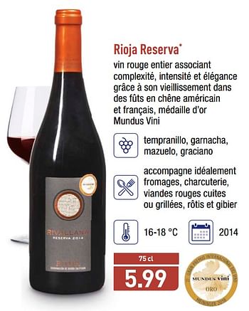 Promotions Rioja reserva - Vins rouges - Valide de 22/05/2018 à 26/05/2018 chez Aldi