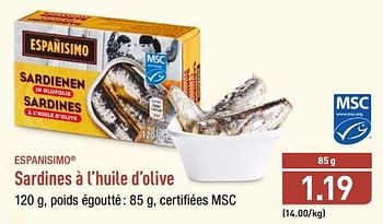 Promotions Sardines à l`huile d`olive - Españisimo - Valide de 22/05/2018 à 26/05/2018 chez Aldi