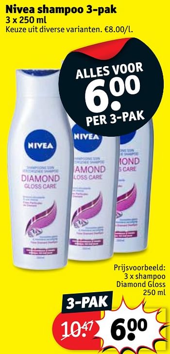 Promoties Nivea 3 x shampoo diamond gloss - Nivea - Geldig van 22/05/2018 tot 27/05/2018 bij Kruidvat