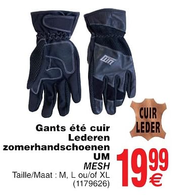 Promoties Gants été cuir lederen zomerhandschoenen um mesh - UM - Geldig van 22/05/2018 tot 04/06/2018 bij Cora