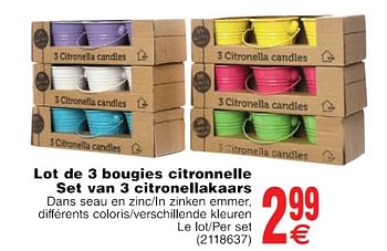 Promoties Lot de 3 bougies citronnelle set van 3 citronellakaars - Huismerk - Cora - Geldig van 22/05/2018 tot 04/06/2018 bij Cora