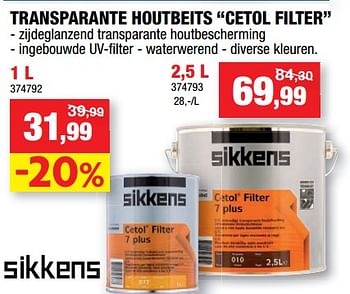 Promotions Transparante houtbeits cetol filter - Sikkens - Valide de 23/05/2018 à 03/06/2018 chez Hubo
