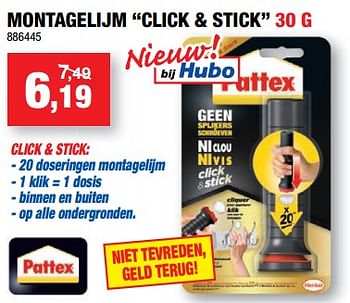 Promotions Montagelijm click + stick - Pattex - Valide de 23/05/2018 à 03/06/2018 chez Hubo