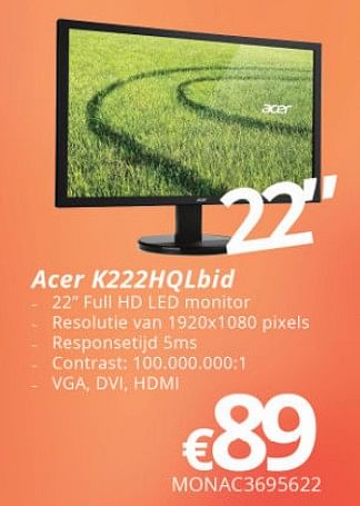 Promoties Acer k222 hqlbid - Acer - Geldig van 16/05/2018 tot 30/06/2018 bij Compudeals