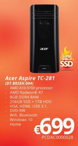 Promoties Acer desktop systemen aspire tc-281 - Acer - Geldig van 16/05/2018 tot 30/06/2018 bij Compudeals